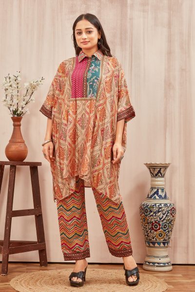 CHANDERI PRINTED KAFTAN WITH FINE COTTON LINER PANT KAFTAN