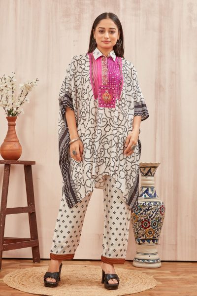 CHANDERI PRINTED KAFTAN WITH FINE COTTON LINER PANT KAFTAN
