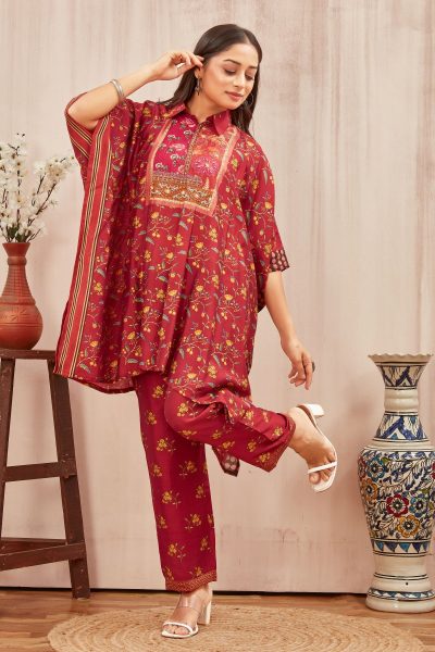 CHANDERI PRINTED KAFTAN WITH FINE COTTON LINER PANT KAFTAN