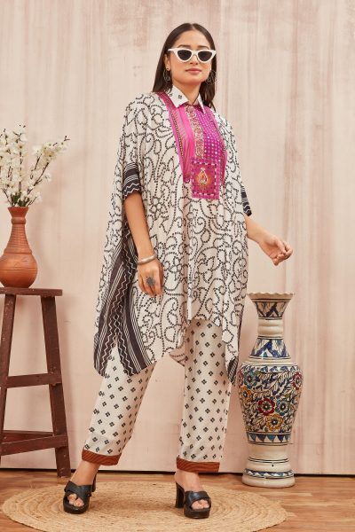 CHANDERI PRINTED KAFTAN WITH FINE COTTON LINER PANT KAFTAN