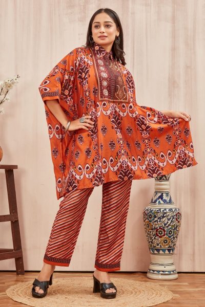 CHANDERI PRINTED KAFTAN WITH FINE COTTON  LINER PANT KAFTAN