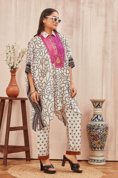 CHANDERI PRINTED KAFTAN WITH FINE COTTON LINER PANT KAFTAN