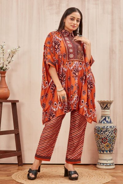CHANDERI PRINTED KAFTAN WITH FINE COTTON  LINER PANT KAFTAN