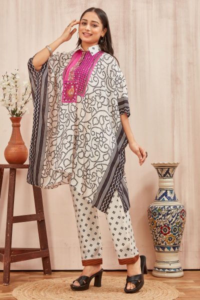 CHANDERI PRINTED KAFTAN WITH FINE COTTON LINER PANT KAFTAN