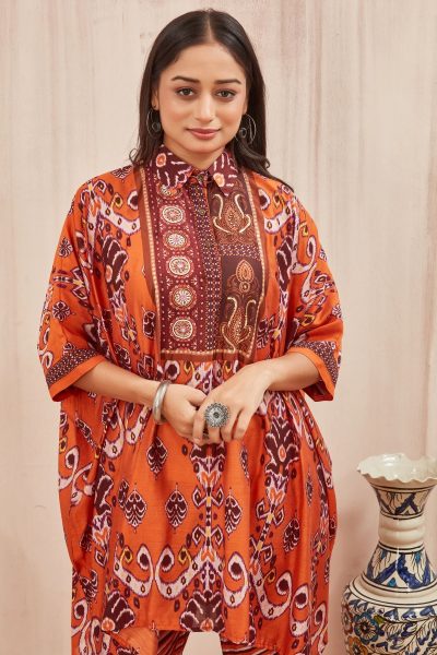 CHANDERI PRINTED KAFTAN WITH FINE COTTON  LINER PANT KAFTAN