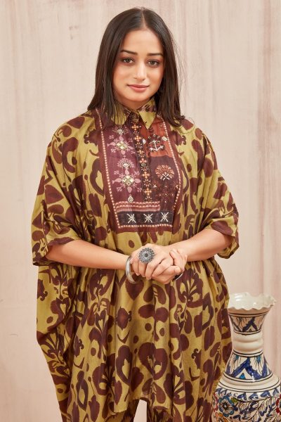 CHANDERI PRINTED KAFTAN WITH FINE COTTON LINER PANT KAFTAN
